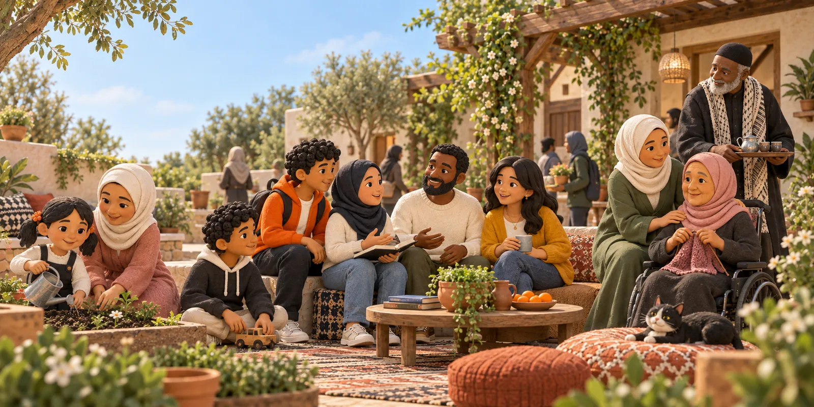 An illustrated courtyard where several generations sit together: elders talking, parents with young children, teenagers reading, and a man standing at the edge of the group.